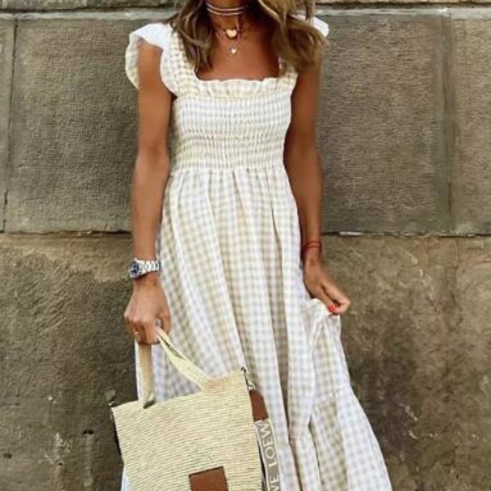Khaki Plaid Ruffled Sleeve Smocked Maxi Dress